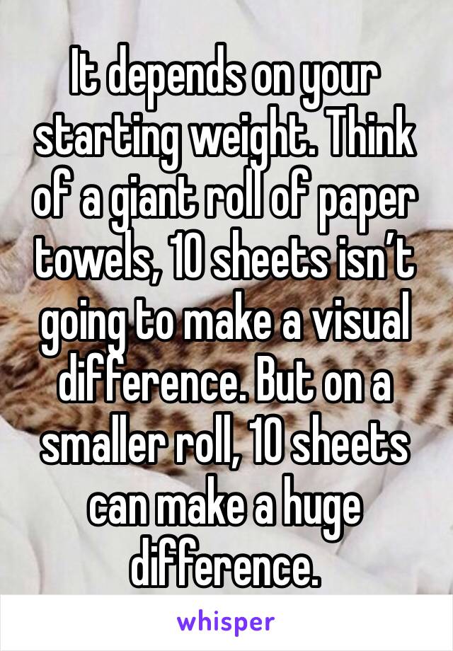 It depends on your starting weight. Think of a giant roll of paper towels, 10 sheets isn’t going to make a visual difference. But on a smaller roll, 10 sheets can make a huge difference. 