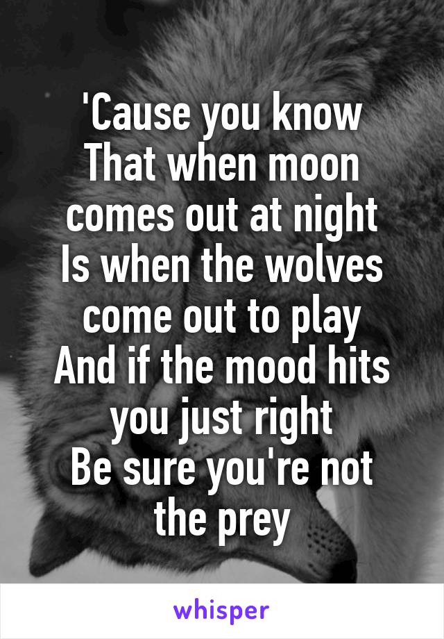 'Cause you know
That when moon comes out at night
Is when the wolves come out to play
And if the mood hits you just right
Be sure you're not the prey