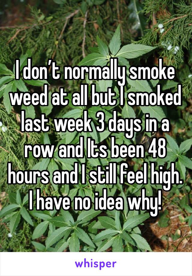 I don’t normally smoke weed at all but I smoked last week 3 days in a row and Its been 48 hours and I still feel high. I have no idea why!