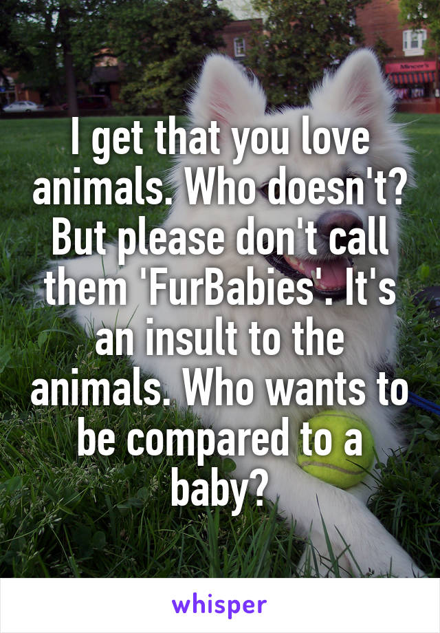 I get that you love animals. Who doesn't? But please don't call them 'FurBabies'. It's an insult to the animals. Who wants to be compared to a baby?