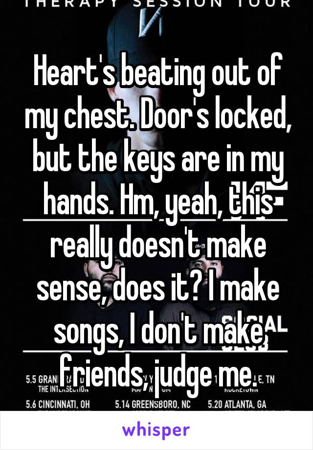 Heart's beating out of my chest. Door's locked, but the keys are in my hands. Hm, yeah, this really doesn't make sense, does it? I make songs, I don't make friends, judge me.