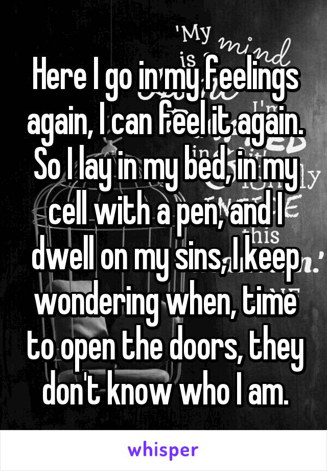 Here I go in my feelings again, I can feel it again. So I lay in my bed, in my cell with a pen, and I dwell on my sins, I keep wondering when, time to open the doors, they don't know who I am.