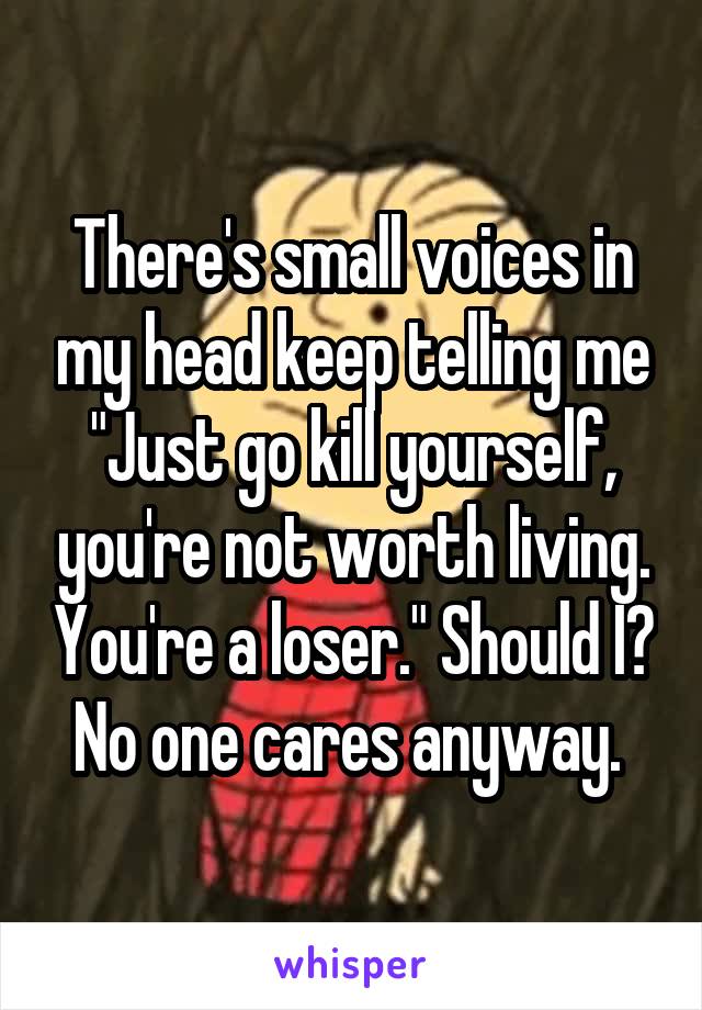 There's small voices in my head keep telling me "Just go kill yourself, you're not worth living. You're a loser." Should I? No one cares anyway. 