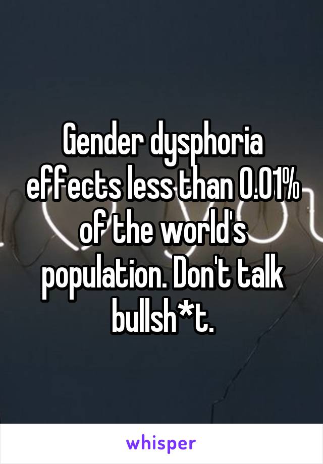 Gender dysphoria effects less than 0.01% of the world's population. Don't talk bullsh*t.