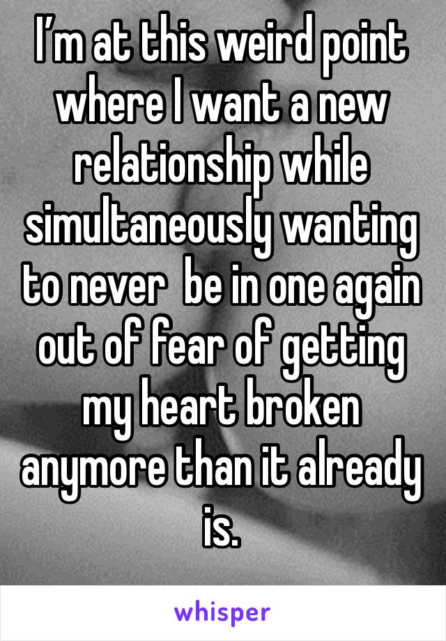 I’m at this weird point where I want a new relationship while simultaneously wanting to never  be in one again out of fear of getting my heart broken anymore than it already is. 
