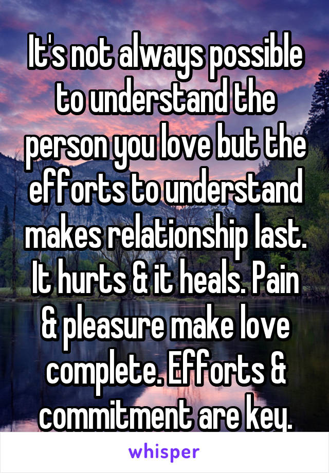 It's not always possible to understand the person you love but the efforts to understand makes relationship last. It hurts & it heals. Pain & pleasure make love complete. Efforts & commitment are key.