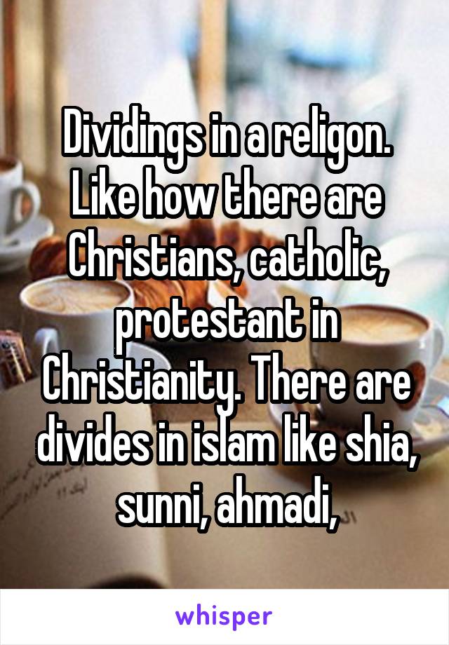 Dividings in a religon. Like how there are Christians, catholic, protestant in Christianity. There are divides in islam like shia, sunni, ahmadi,