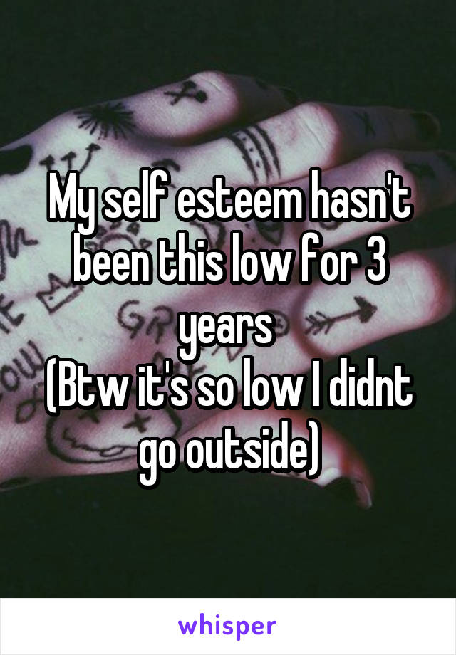 My self esteem hasn't been this low for 3 years 
(Btw it's so low I didnt go outside)