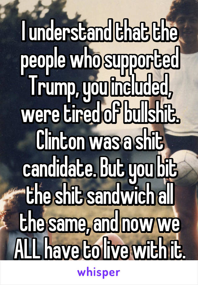 I understand that the people who supported Trump, you included, were tired of bullshit. Clinton was a shit candidate. But you bit the shit sandwich all the same, and now we ALL have to live with it.