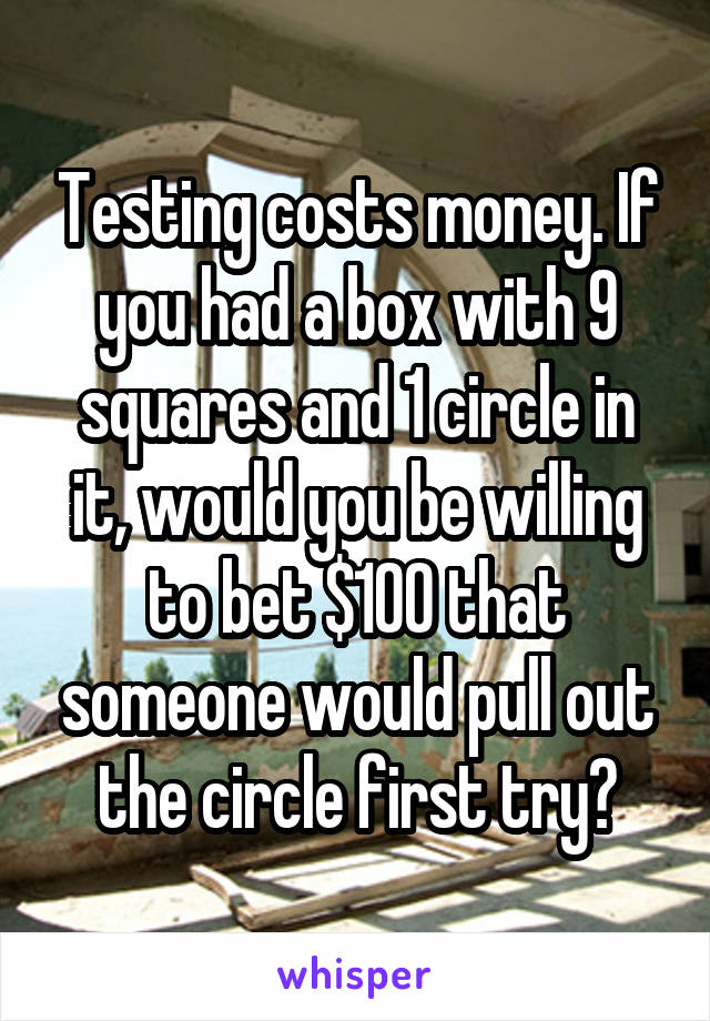 Testing costs money. If you had a box with 9 squares and 1 circle in it, would you be willing to bet $100 that someone would pull out the circle first try?