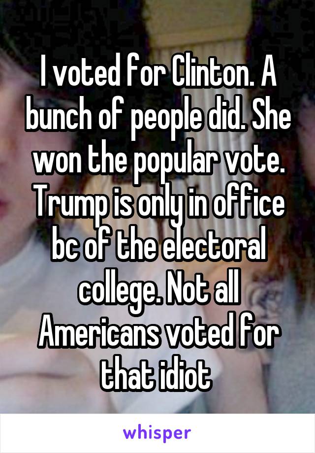 I voted for Clinton. A bunch of people did. She won the popular vote. Trump is only in office bc of the electoral college. Not all Americans voted for that idiot 