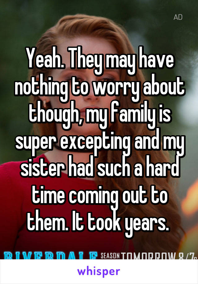Yeah. They may have nothing to worry about though, my family is super excepting and my sister had such a hard time coming out to them. It took years. 