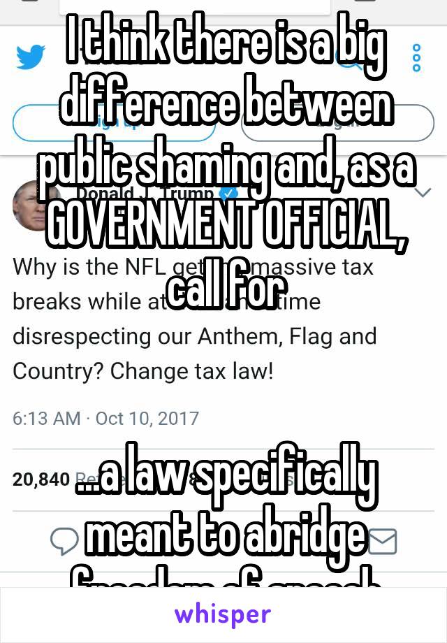 I think there is a big difference between public shaming and, as a GOVERNMENT OFFICIAL, call for


...a law specifically meant to abridge freedom of speech