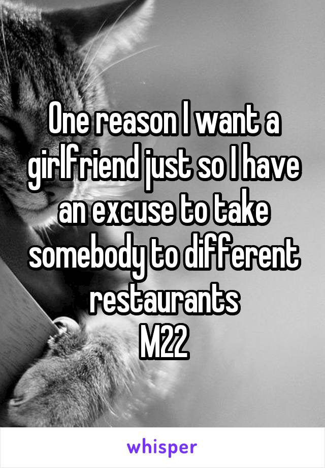 One reason I want a girlfriend just so I have an excuse to take somebody to different restaurants
M22