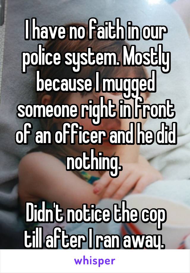 I have no faith in our police system. Mostly because I mugged someone right in front of an officer and he did nothing. 

Didn't notice the cop till after I ran away. 