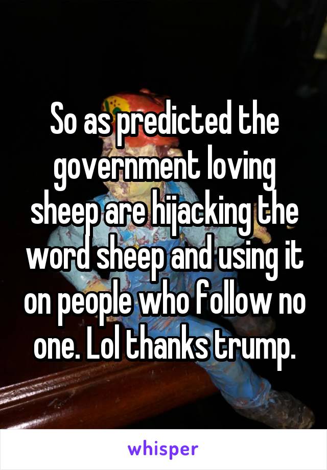 So as predicted the government loving sheep are hijacking the word sheep and using it on people who follow no one. Lol thanks trump.