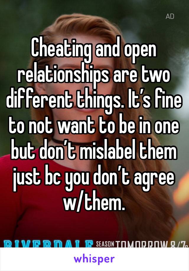 Cheating and open relationships are two different things. It’s fine to not want to be in one but don’t mislabel them just bc you don’t agree w/them. 