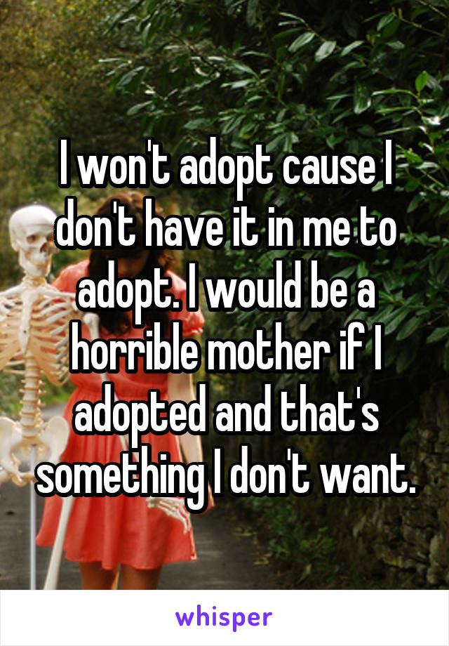 I won't adopt cause I don't have it in me to adopt. I would be a horrible mother if I adopted and that's something I don't want.