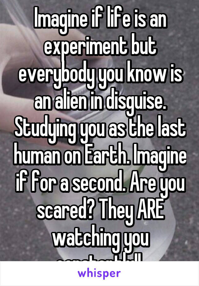 Imagine if life is an experiment but everybody you know is an alien in disguise. Studying you as the last human on Earth. Imagine if for a second. Are you scared? They ARE watching you constantly!! 