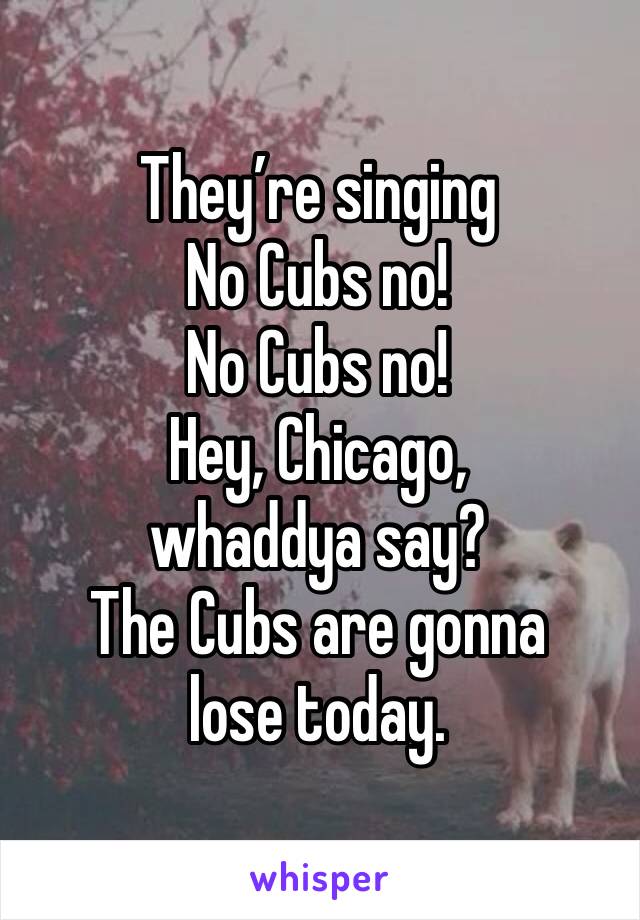 They’re singing
No Cubs no!
No Cubs no!
Hey, Chicago, whaddya say?
The Cubs are gonna lose today. 