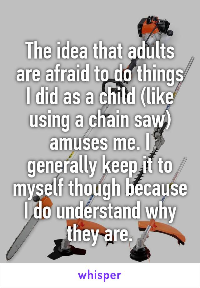 The idea that adults are afraid to do things I did as a child (like using a chain saw) amuses me. I generally keep it to myself though because I do understand why they are.