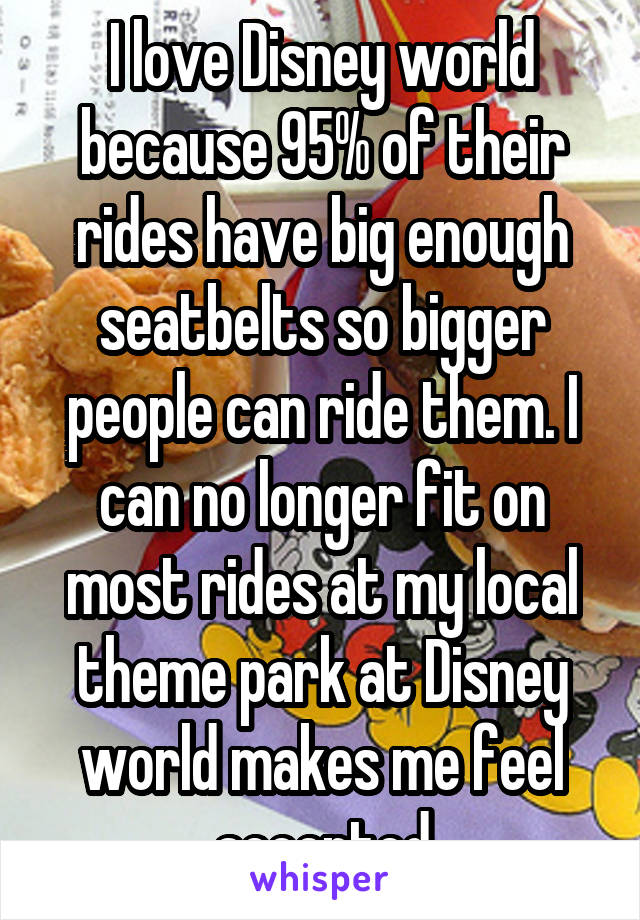 I love Disney world because 95% of their rides have big enough seatbelts so bigger people can ride them. I can no longer fit on most rides at my local theme park at Disney world makes me feel accepted