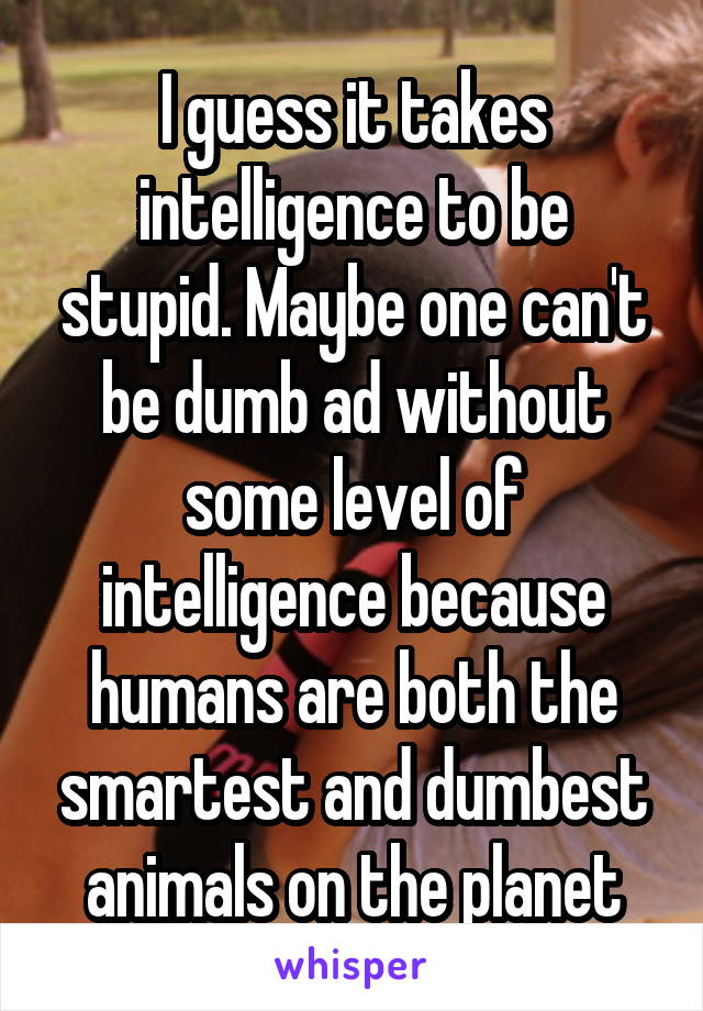 I guess it takes intelligence to be stupid. Maybe one can't be dumb ad without some level of intelligence because humans are both the smartest and dumbest animals on the planet