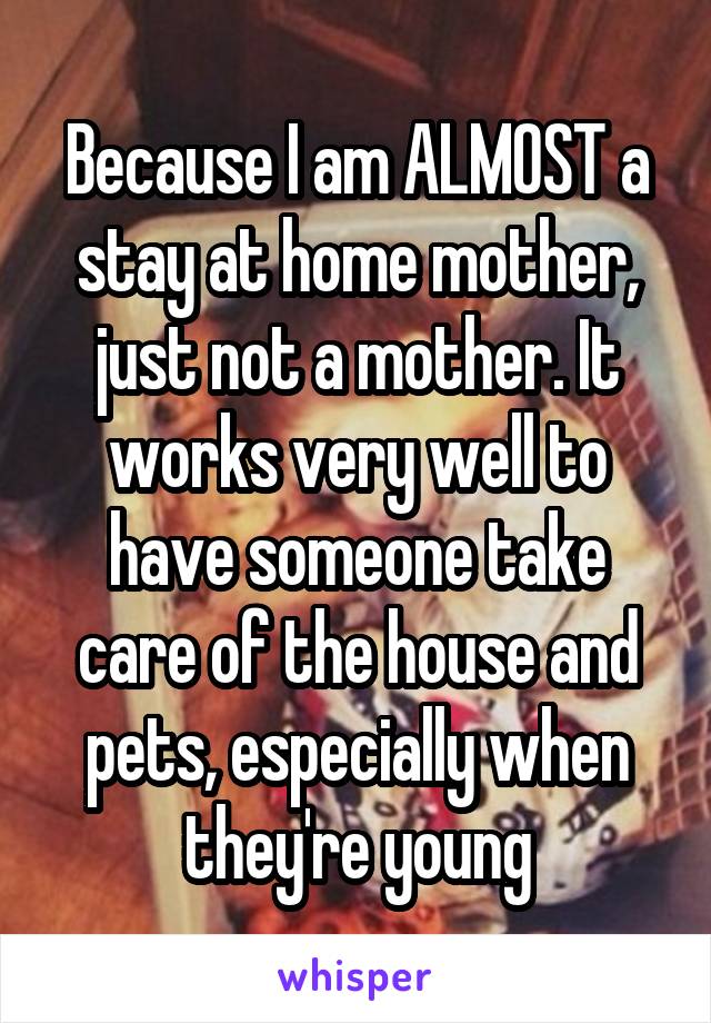 Because I am ALMOST a stay at home mother, just not a mother. It works very well to have someone take care of the house and pets, especially when they're young
