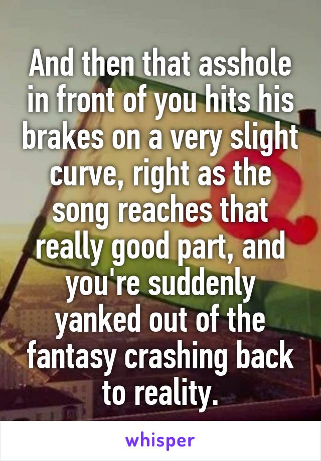 And then that asshole in front of you hits his brakes on a very slight curve, right as the song reaches that really good part, and you're suddenly yanked out of the fantasy crashing back to reality.