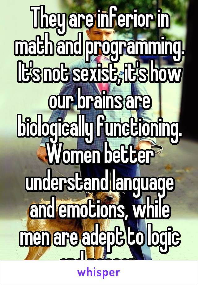 They are inferior in math and programming. It's not sexist, it's how our brains are biologically functioning. Women better understand language and emotions, while men are adept to logic and reason.