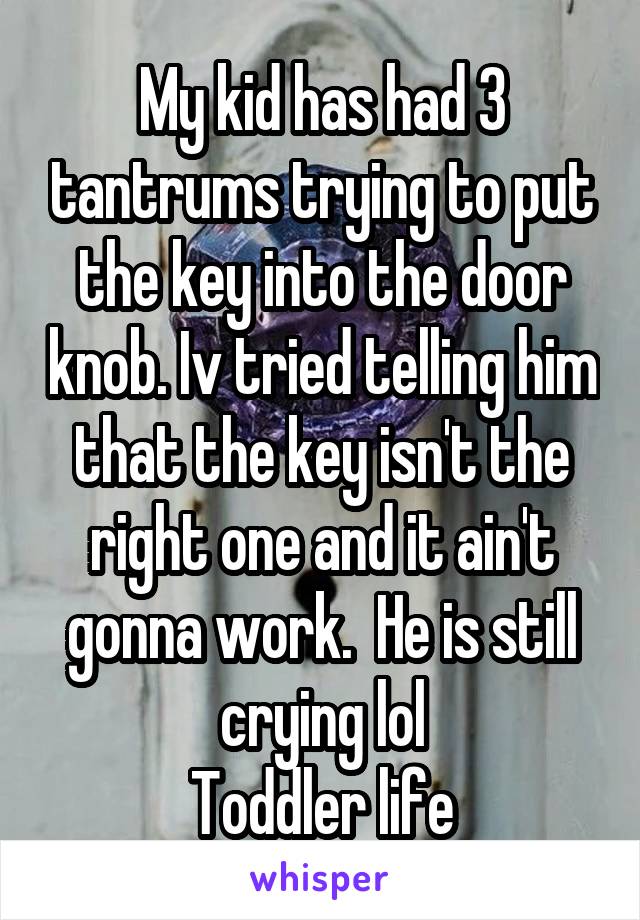 My kid has had 3 tantrums trying to put the key into the door knob. Iv tried telling him that the key isn't the right one and it ain't gonna work.  He is still crying lol
Toddler life