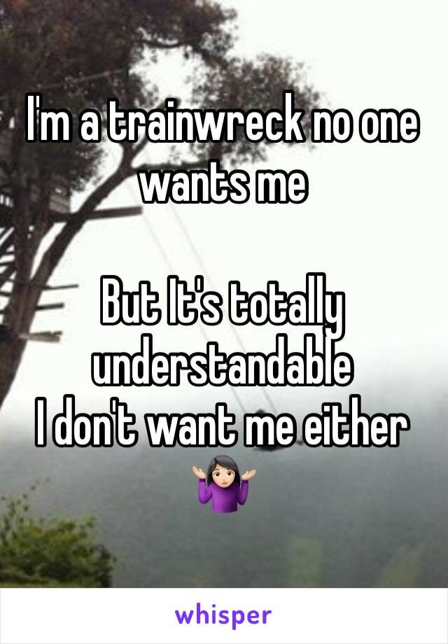 I'm a trainwreck no one wants me  

But It's totally understandable  
I don't want me either 🤷🏻‍♀️