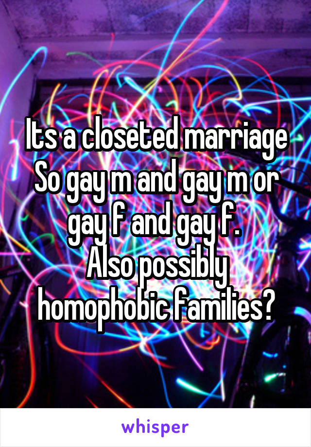 Its a closeted marriage
So gay m and gay m or gay f and gay f. 
Also possibly homophobic families?