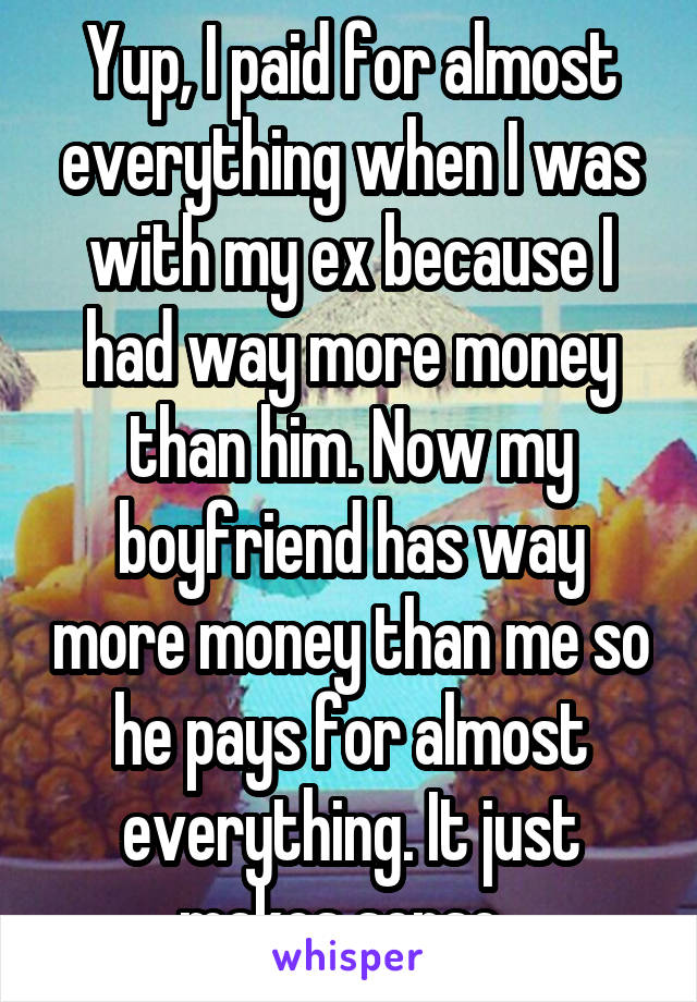 Yup, I paid for almost everything when I was with my ex because I had way more money than him. Now my boyfriend has way more money than me so he pays for almost everything. It just makes sense. 
