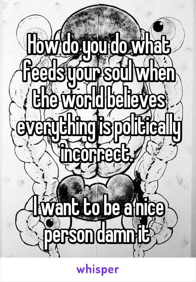 How do you do what feeds your soul when the world believes everything is politically incorrect. 

I want to be a nice person damn it 