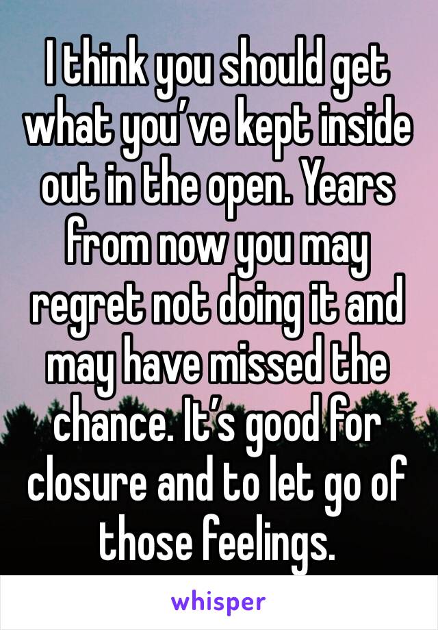 I think you should get what you’ve kept inside out in the open. Years from now you may regret not doing it and may have missed the chance. It’s good for closure and to let go of those feelings.