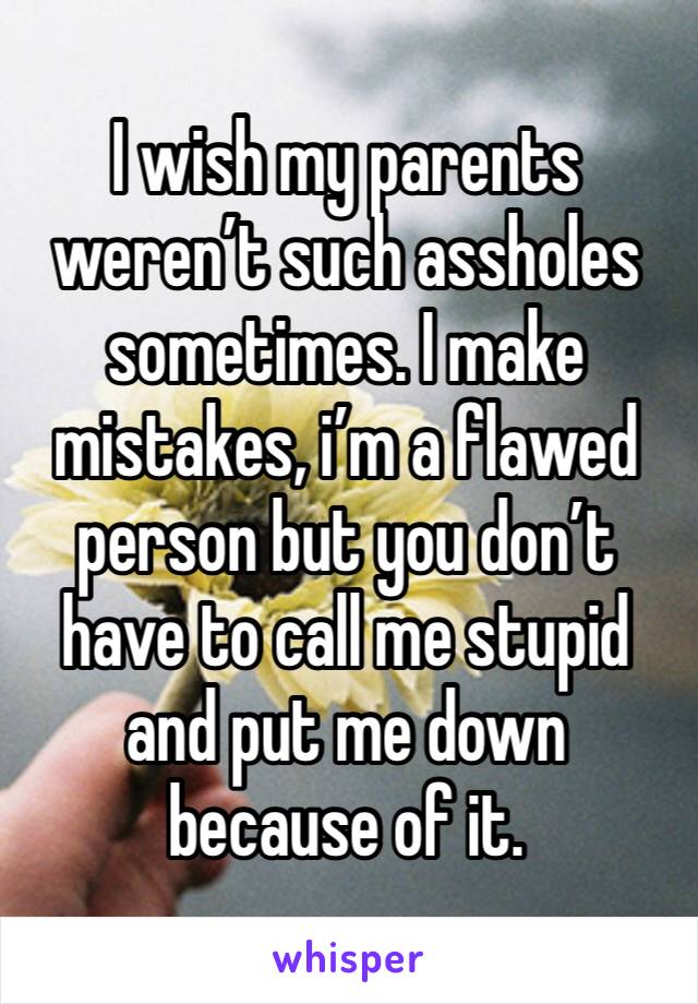 I wish my parents weren’t such assholes sometimes. I make mistakes, i’m a flawed person but you don’t have to call me stupid and put me down because of it.