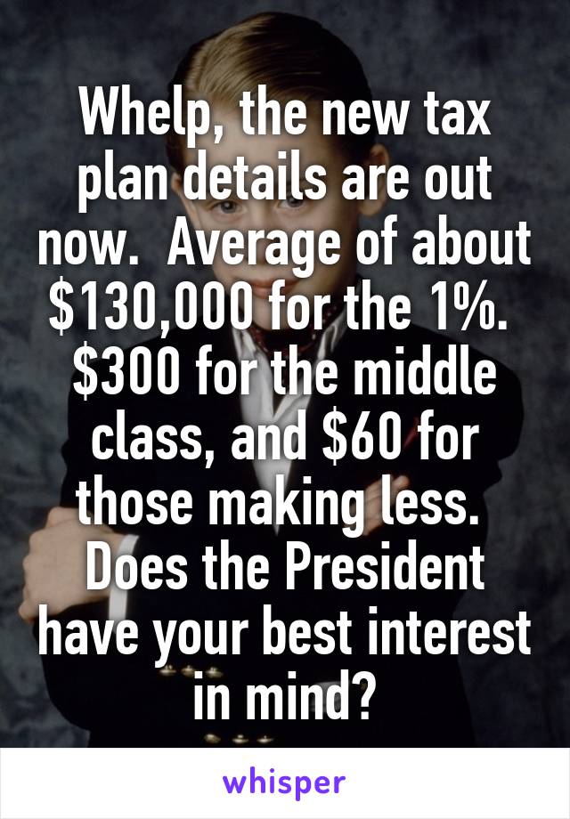 Whelp, the new tax plan details are out now.  Average of about $130,000 for the 1%.  $300 for the middle class, and $60 for those making less.  Does the President have your best interest in mind?