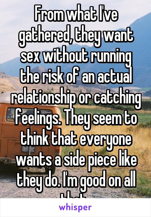 From what I've gathered, they want sex without running the risk of an actual relationship or catching feelings. They seem to think that everyone wants a side piece like they do. I'm good on all that. 