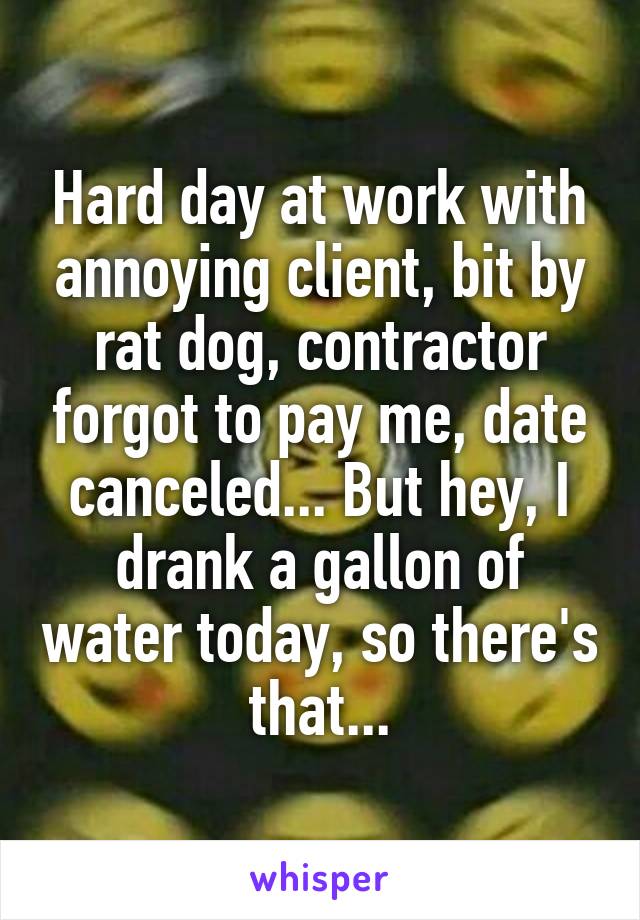 Hard day at work with annoying client, bit by rat dog, contractor forgot to pay me, date canceled... But hey, I drank a gallon of water today, so there's that...