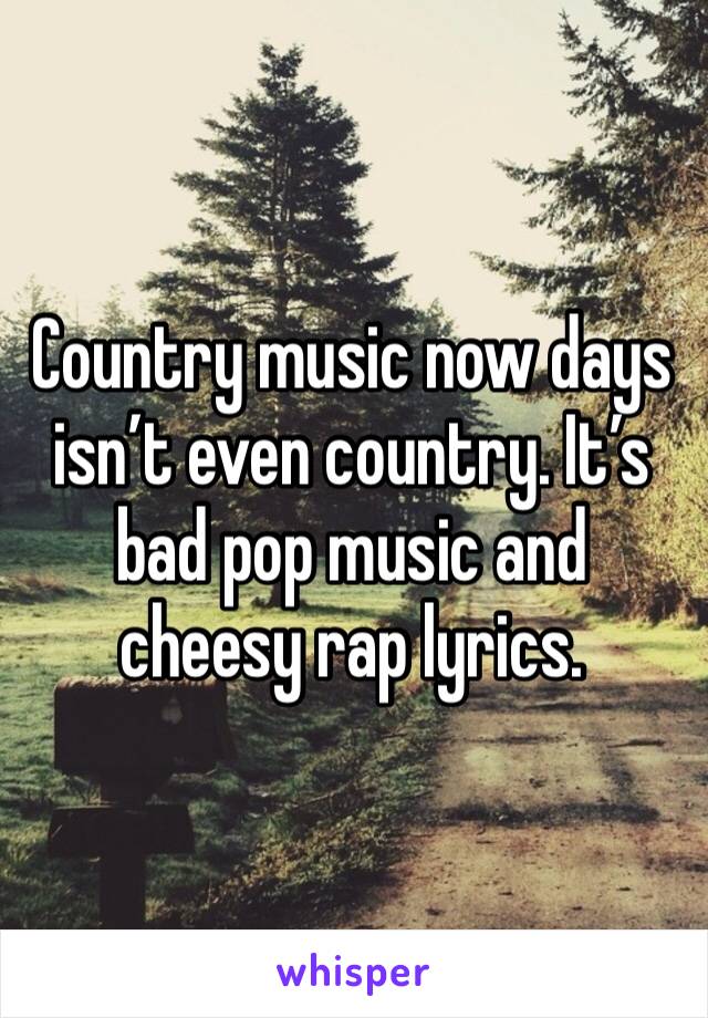 Country music now days isn’t even country. It’s bad pop music and cheesy rap lyrics.