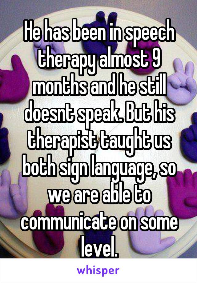 He has been in speech therapy almost 9 months and he still doesnt speak. But his therapist taught us both sign language, so we are able to communicate on some level.