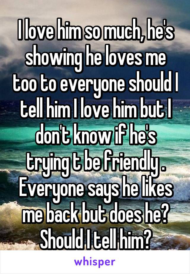 I love him so much, he's showing he loves me too to everyone should I tell him I love him but I don't know if he's trying t be friendly . Everyone says he likes me back but does he? Should I tell him?