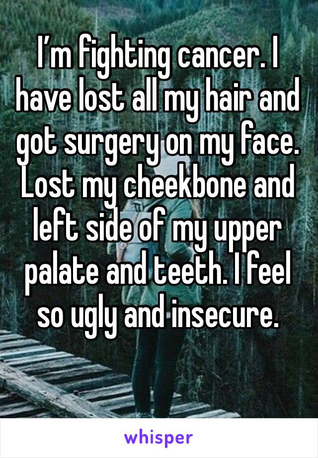 I’m fighting cancer. I have lost all my hair and got surgery on my face. Lost my cheekbone and left side of my upper palate and teeth. I feel so ugly and insecure.