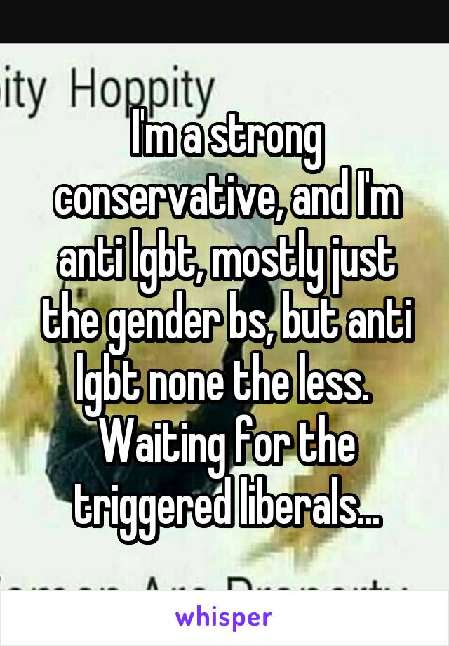 I'm a strong conservative, and I'm anti lgbt, mostly just the gender bs, but anti lgbt none the less. 
Waiting for the triggered liberals...