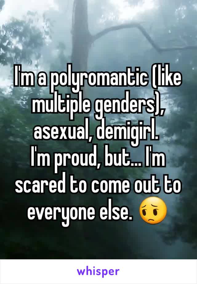 I'm a polyromantic (like multiple genders), asexual, demigirl. 
I'm proud, but... I'm scared to come out to everyone else. 😔