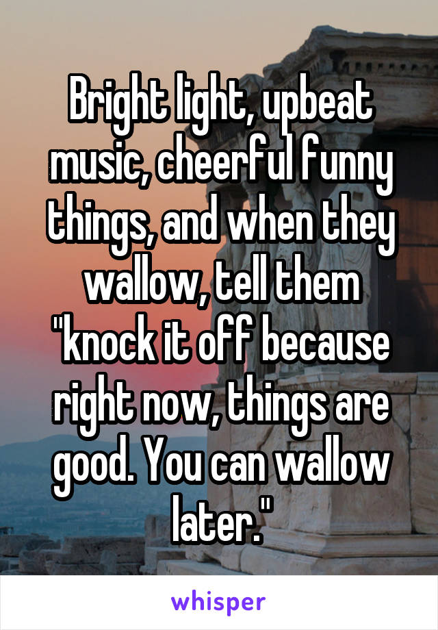 Bright light, upbeat music, cheerful funny things, and when they wallow, tell them "knock it off because right now, things are good. You can wallow later."