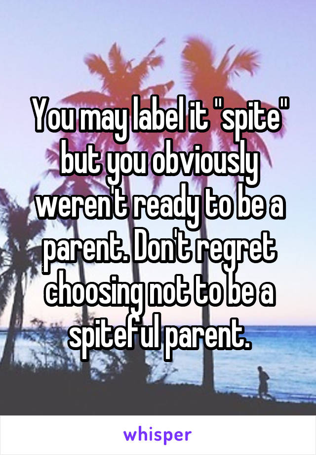 You may label it "spite" but you obviously weren't ready to be a parent. Don't regret choosing not to be a spiteful parent.