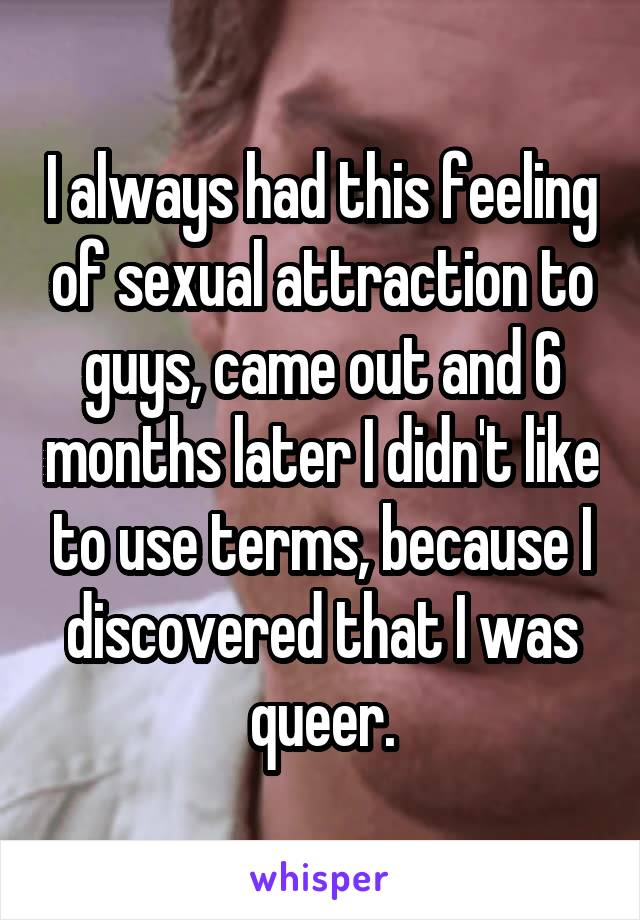 I always had this feeling of sexual attraction to guys, came out and 6 months later I didn't like to use terms, because I discovered that I was queer.