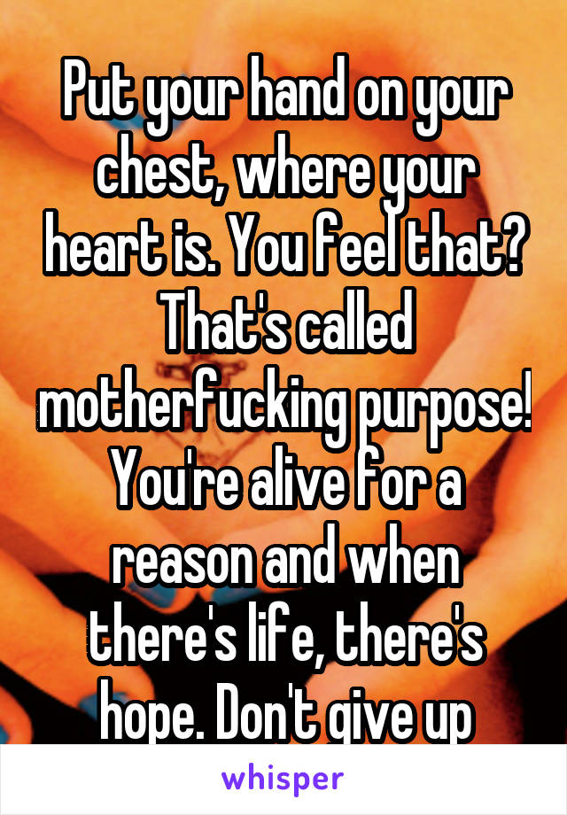 Put your hand on your chest, where your heart is. You feel that? That's called motherfucking purpose! You're alive for a reason and when there's life, there's hope. Don't give up